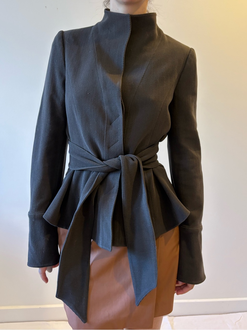 Vintage Armani Collezioni Wool Brown Tie-Waist Peplum Jacket